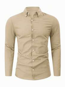 Manfinity Mode Camisa casual de manga larga de unicolor para hombres, para otoño - Camel - Ver 4