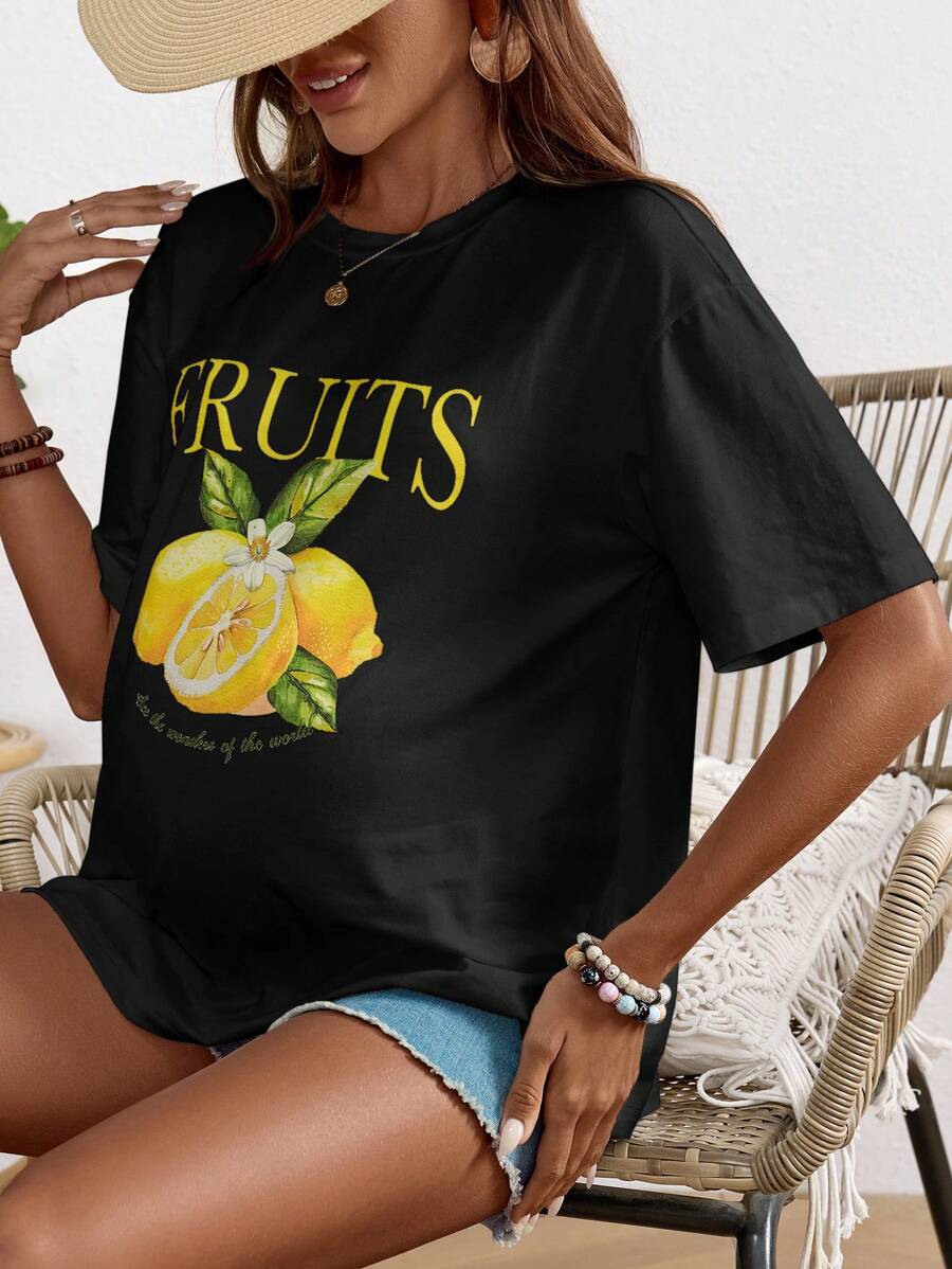 SHEIN Áo sơ mi ngắn tay in chữ cho bà bầu Loose City Holiday Lemon - màu đen - Xem 1