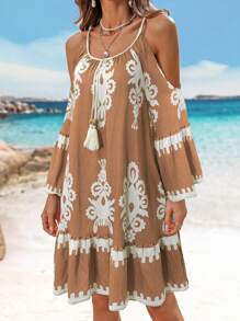 Breezaya Women's Floral Print Holiday Halter Neck Loose Straight Dress With Tie And Tassel Details - Multicolor - View 3