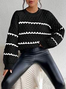 EMERY ROSE 女士撞色条纹简约休闲套头毛衣，长袖上衣，针织套头衫，秋冬款 - 黑色 - 查看 5