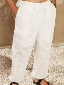 Genlund Quần dài vải lanh sọc dọc thoải mái mùa hè cho nam, quần dài rộng rãi, thoáng khí, màu trắng, quần dài ống rộng, quần trắng - trắng - Xem 4
