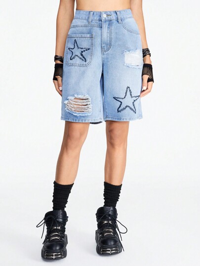 Grunge Punk Shorts de mezclilla sueltos rectos de talle medio para mujer con bordado de estrella, diseño de graffiti, rasgaduras y varios bolsillos