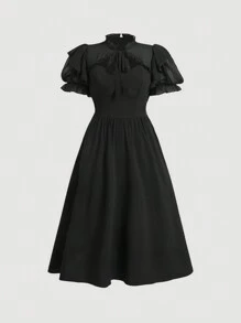 SHEIN MOD Black Flutter Sleeve Tie Front Midi Dress, Patchwork Flared, Plus Size Women's Long Dress,Graduation Dress - Black - View 1