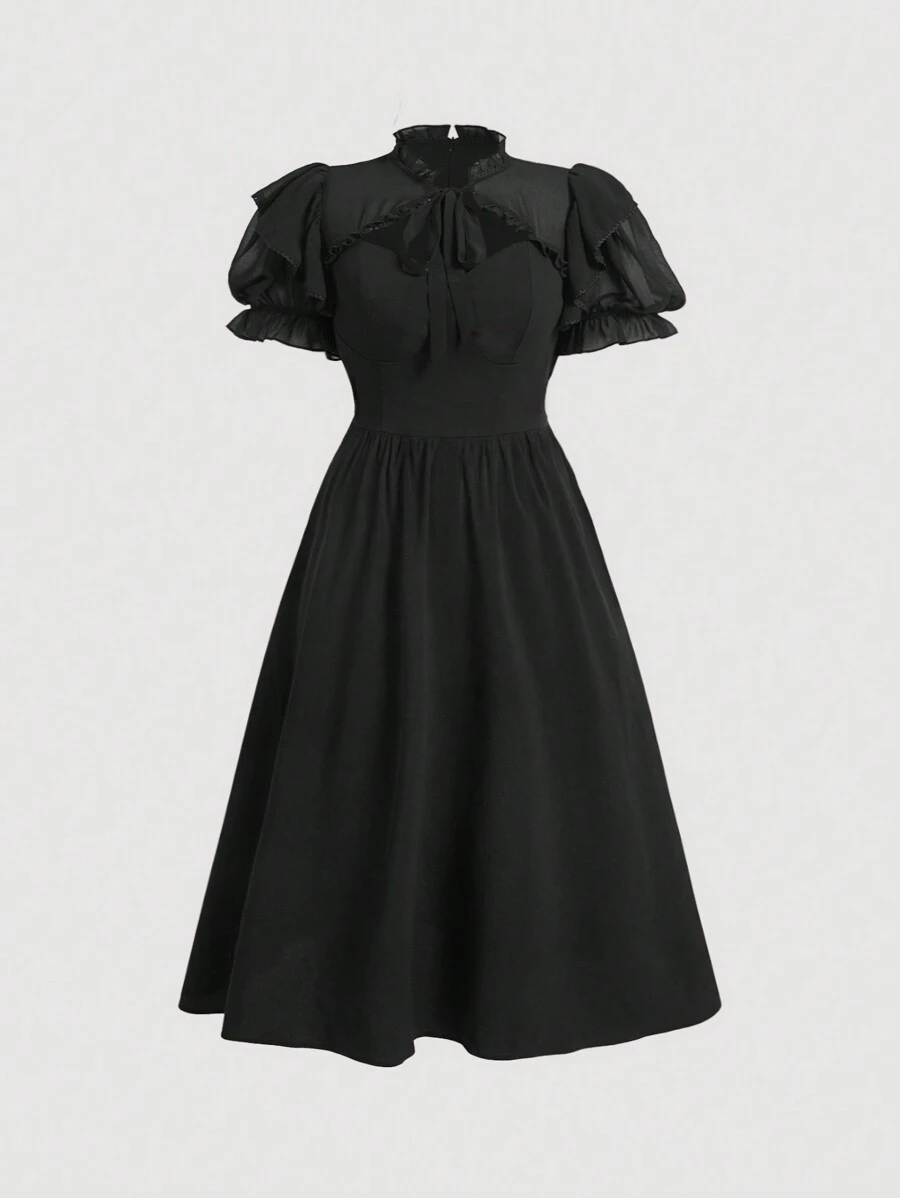 SHEIN MOD Black Flutter Sleeve Tie Front Midi Dress, Patchwork Flared, Plus Size Women's Long Dress,Graduation Dress - Black - View 1