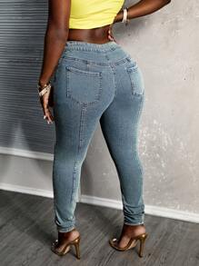Slaydiva Solid Color Button Pocket Skinny Sexy Jeans - Medium Wash - View 2