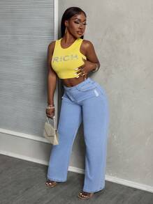 Slaydiva Jeans de mezclilla casual sencillo y liso para mujer - Lavado ligero - Ver 5