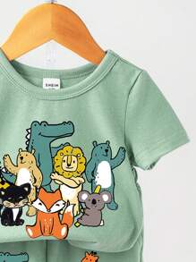 Baby Boys Casual Cartoon Animal Sports Pattern Short Sleeve T-Shirt & Shorts Set, Summer