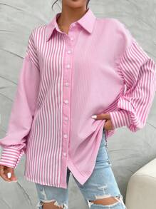 EMERY ROSE Damen Lässiges gestreiftes Oversized Lässig Langarm Hemd, Frühling/Sommer, Langarm Oberteil