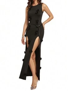 Allurite Vestido de largo muslo con cuello redondo sin mangas y abertura al muslo de unicolor para mujer