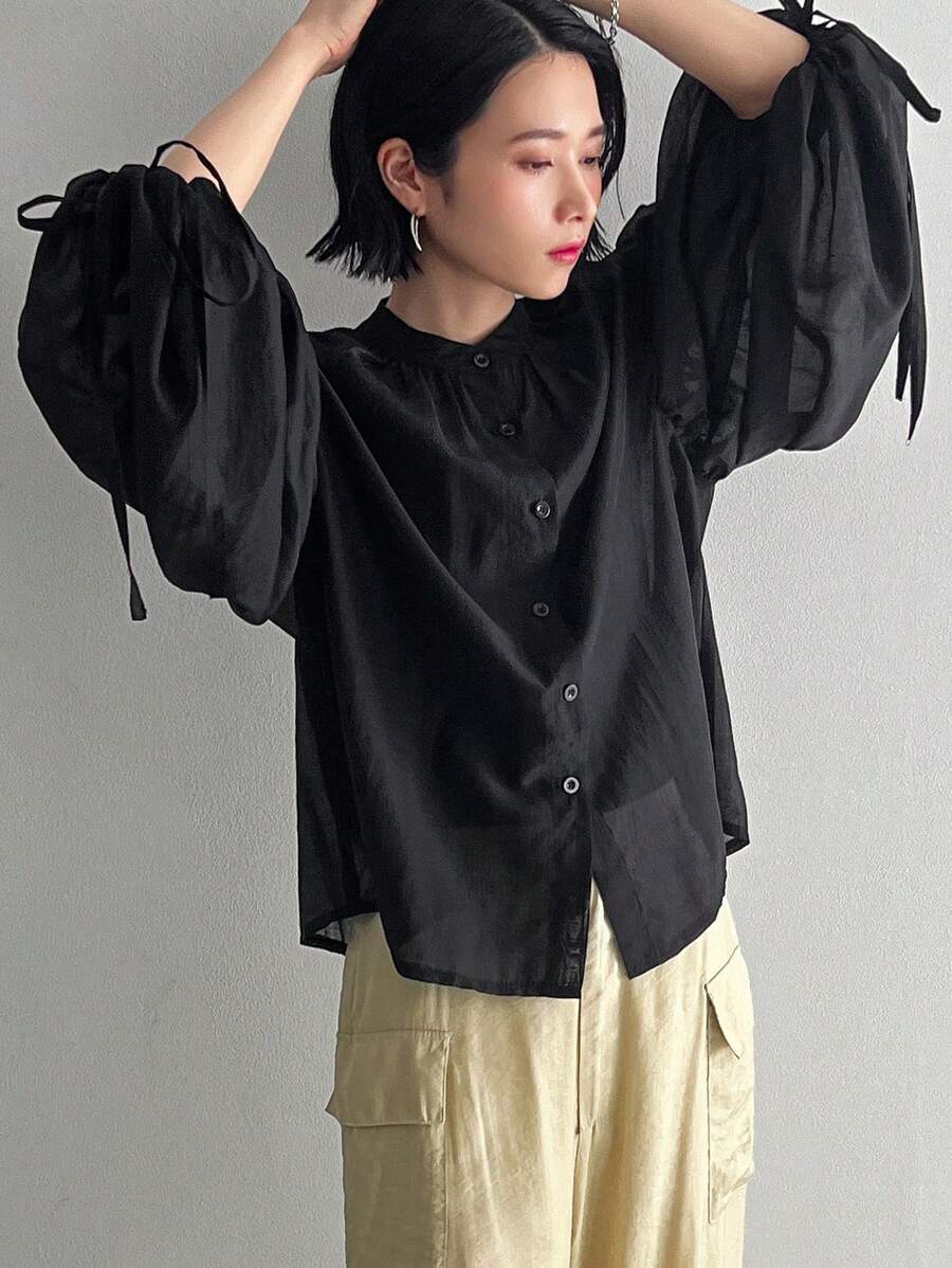 FRIFUL 夏季休閒純色提篮袖襯衫 - 黑色 - 查看 1