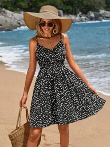 SHEIN VCAY Women's Casual Heart Print Spaghetti Strap Summer Dress - Black - View 1