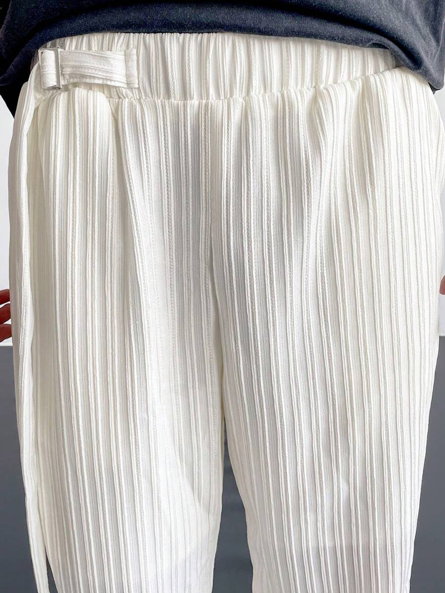 Claim Dot Men's Solid Color Side Buckle Loose Straight Casual Pants - White - View 1