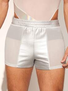 FeverCity Men's Elastic Leather & Mesh Panel Shorts, Summer - Silver - View 1