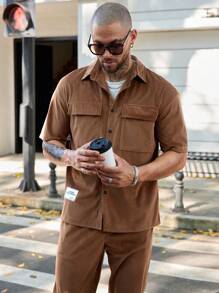 Manfinity Homme Men's Summer Solid Color Cargo Pocket Short Sleeve Shirt And Casual Pants Set - Camel - View 3