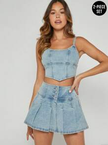 Denimoi Conjunto de 2 piezas con top de tirantes de mezclilla con dobladillo de pañuelo y falda