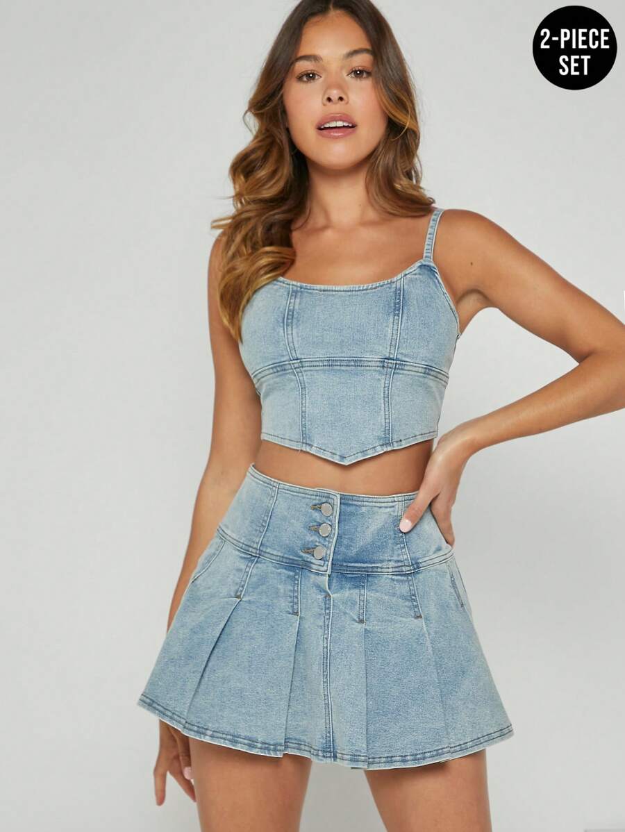 Denimoi Conjunto de 2 piezas con top de tirantes de mezclilla con dobladillo de pañuelo y falda
