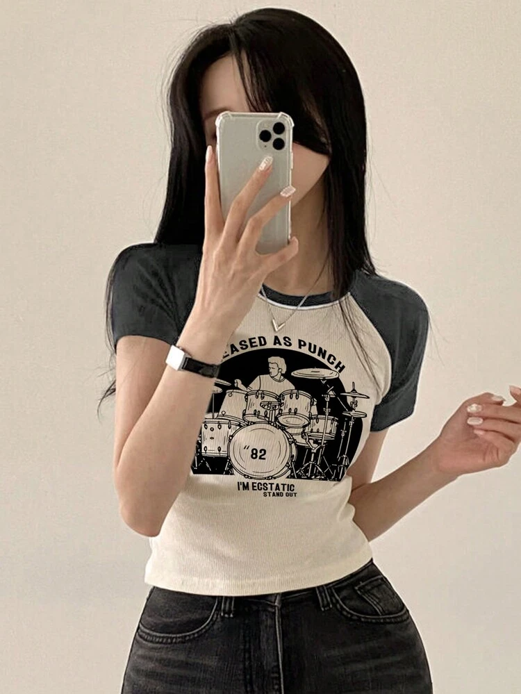Women's Casual Contrast Splicing Character & Letter Print Tight T-Shirt, Summer Graphic Tee Preppy Tops
