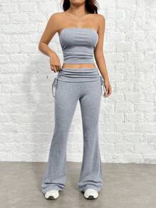 SHEIN EZwear Women's Solid Color Bustier Top And Side Drawstring Pleated Pants Fitted Suit Set - Light Grey - View 3