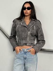 Aveloria Chaqueta corta de PU con diseño de empalme de manga con cremallera, decoración de bolsillos falsos, estilo motero, de tela lavada a la arena y de urbana