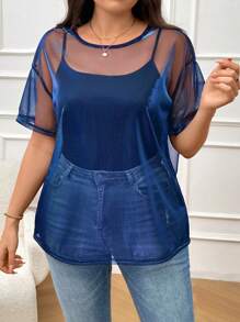 SHEIN Essnce Plus Size Sheer Iridescent Crew Neck Loose Fit Short Sleeve Blouse For Women - Blue - View 3