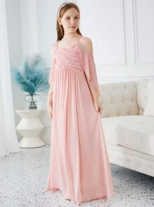 SHEIN Vestido De Chifón Con Volantes Y Pliegues Para Niña, Con Hombros Descubiertos Y Chal Para El Verano - Rosa - Ver 3