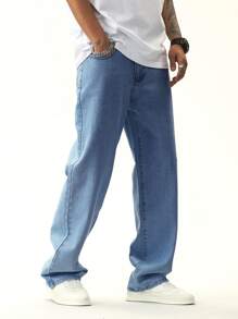 Manfinity Hypemode Men's Light Blue Washed Straight Leg Jeans - Medium Wash - View 3