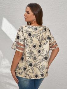 SHEIN Clasi Plus Floral Print Asymmetrical Neck Mesh Insert Blouse - Apricot - View 2