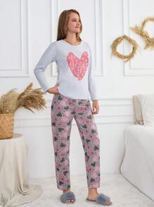 RueChic 2Pcs   Heart Printed PJ Set - Grey - View 5