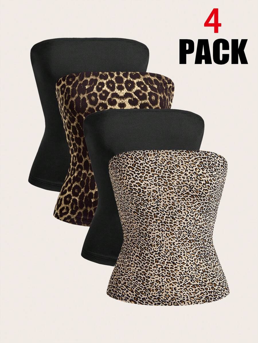 SHEIN EZwear 4 件套女士夏季动物印花抹胸套装 - 黑色 - 查看 1