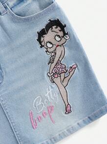 Betty Boop | ROMWE Embroidered Cartoon Figure And Star Pattern Denim Skirt For Women, School - Blue - View 2