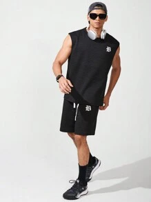 Gym Rark 男友风男士简约印花无袖上衣短裤运动套装健身健身套装 - 黑色 - 查看 6