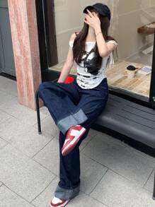 女士休闲破洞阔腿牛仔裤