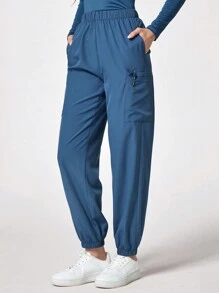 TaskEZ Set Seragam Wanita Minimalis Atasan dan Celana Saku Model Scrubs (baju terusan) Leher Bulat Lengan Panjang Warna Polos - Dusty Blue - View 3