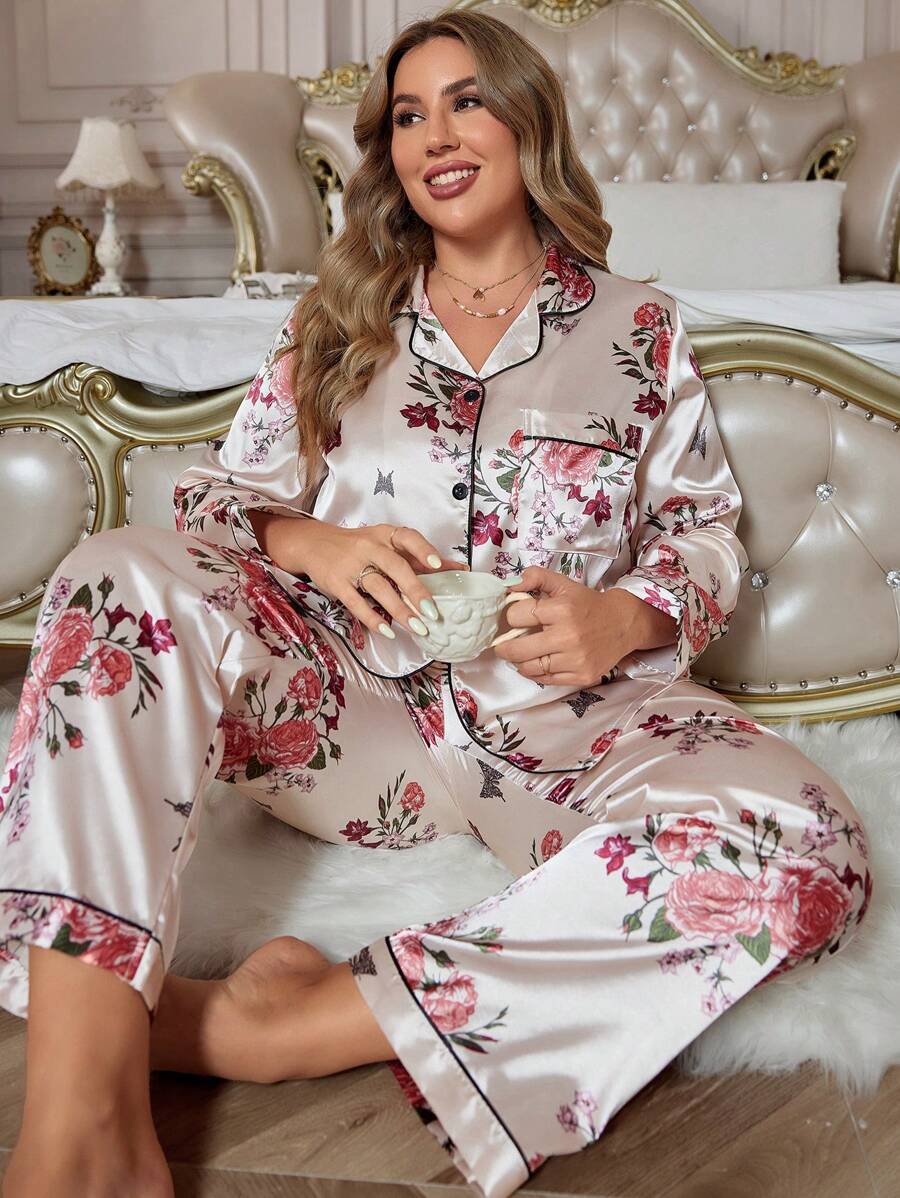 Plus Size Casual Kimono Style Floral Print Pajamas Set - Apricot - View 1