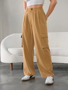 Seusyu Pantalon droit décontracté de couleur unie avec poches et boutons pour femmes - Kaki - Voir 8