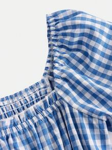 SHEIN Váy mini tay phồng viền bất đối xứng cho cô gái tuổi teen dệt kẻ sọc giản dị - Màu xanh lam - Xem 3