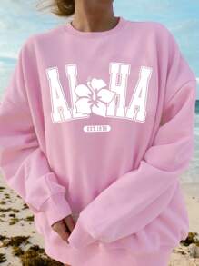 SHEIN EZwear 休闲宽松简约字母印花圆领长袖大码女式运动衫，秋冬 - 粉色 - 查看 2
