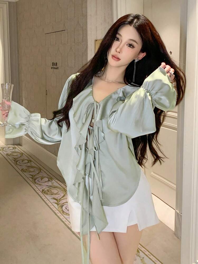 Women's Solid Color Long Sleeve V-Neck Tie-Front Ruffle Blouse