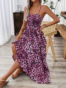 Breezaya Váy cổ chữ V họa tiết da báo dành cho nữ, Váy mùa hè sang trọng gợi cảm lưng cao - Màu tím - Xem 5
