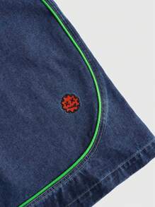 ROMWE MEN Men's Baggy Denim 3/4 Pants With Contrast Line And Embroidered Graphic, Streetwear Style