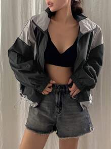 DAZY 双色抽绳下摆落肩拉链夹克，秋装 - 深灰色 - 查看 4