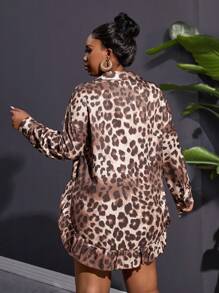 Slaydiva Plus Size Women Fashion Loose Asymmetric Hem Patchwork Ruffle Trim Leopard Print Long Blouse Top, Spring Summer - Brown - View 2
