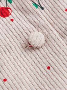 SHEIN MOD Vestido corto de apertura frontal con cuello de solapa, estampado de cerezas y pana vintage en talla grande en color caqui