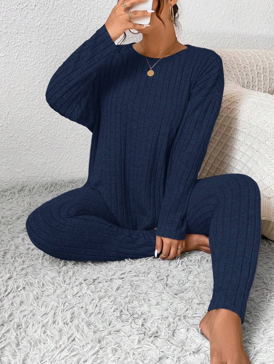 SHEIN Frenchy 女士秋季服装返校运动套装简约简约紧身纹理打底裤和长袖上衣套装女士加大两件套 - 寶藍色 - 查看 1
