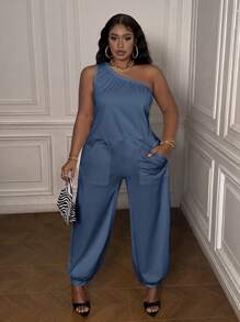 Slaydiva Plus Size Off-Shoulder Jumpsuit For Women - Blue - View 4