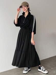 FRIFUL Đầm suông in sọc có khóa kéo phía trước cho nữ - màu đen - Xem 7