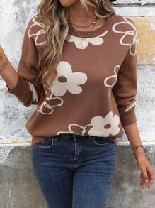 SHEIN LUNE Women's Solid Color Floral Soft Crew Neck Drop Shoulder Sweater - Multicolor - View 4