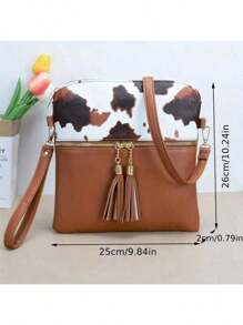 1PC Vintage Animal Print Women's Crossbody Bags For Gift, Casual Cow Pattern Shoulder Bag For Daily Used, Ladies Handbags With Wristlet