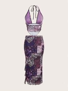 SHEIN ICON 女用佩斯利印花不對稱下擺吊帶背心上衣和裙子套裝 - 紫色 - 查看 2