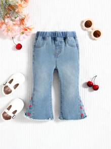 SHEIN 女婴松紧腰带口袋樱桃印花蓝色牛仔喇叭裤 - 淺色水洗藍 - 查看 1